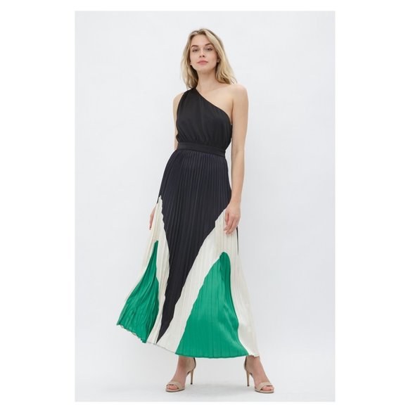 One Shoulder Pleated Dress Black Maxi Dress Evening Dresses for Women - Picture 3 of 5